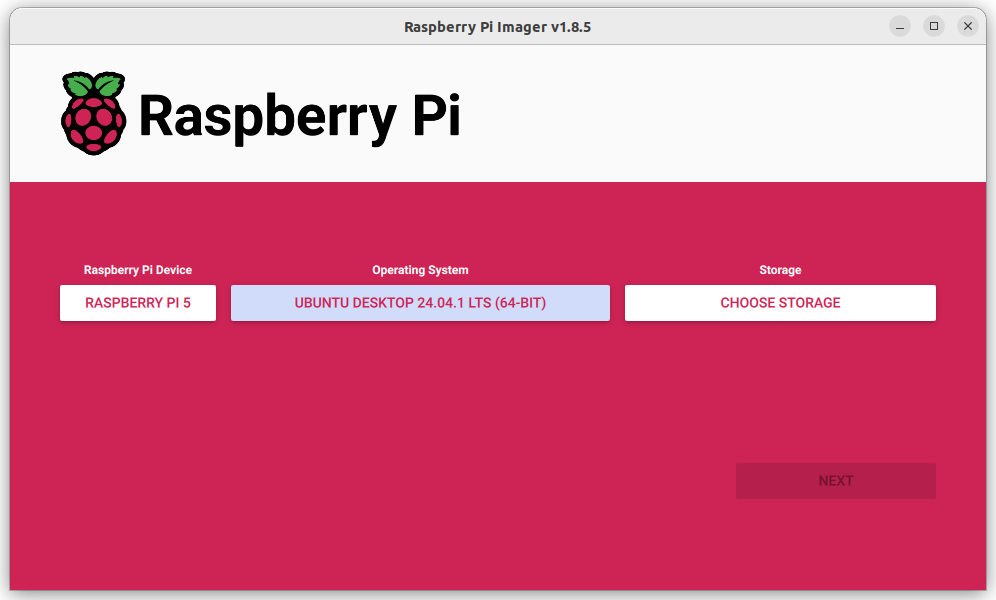 The rpi-imager application, displaying a selection of Pi 5, and Ubuntu 24.04 LTS desktop